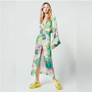 Smythe Green Pink Silk Blend Twist Watercolor Floral Print Maxi Flowy Dress XS